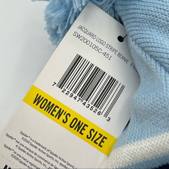 Spyder Jacquard Logo Blue Striped Fleece Lined Pom-Pom Beanie Hat Women’s OS - Picture 2 of 4